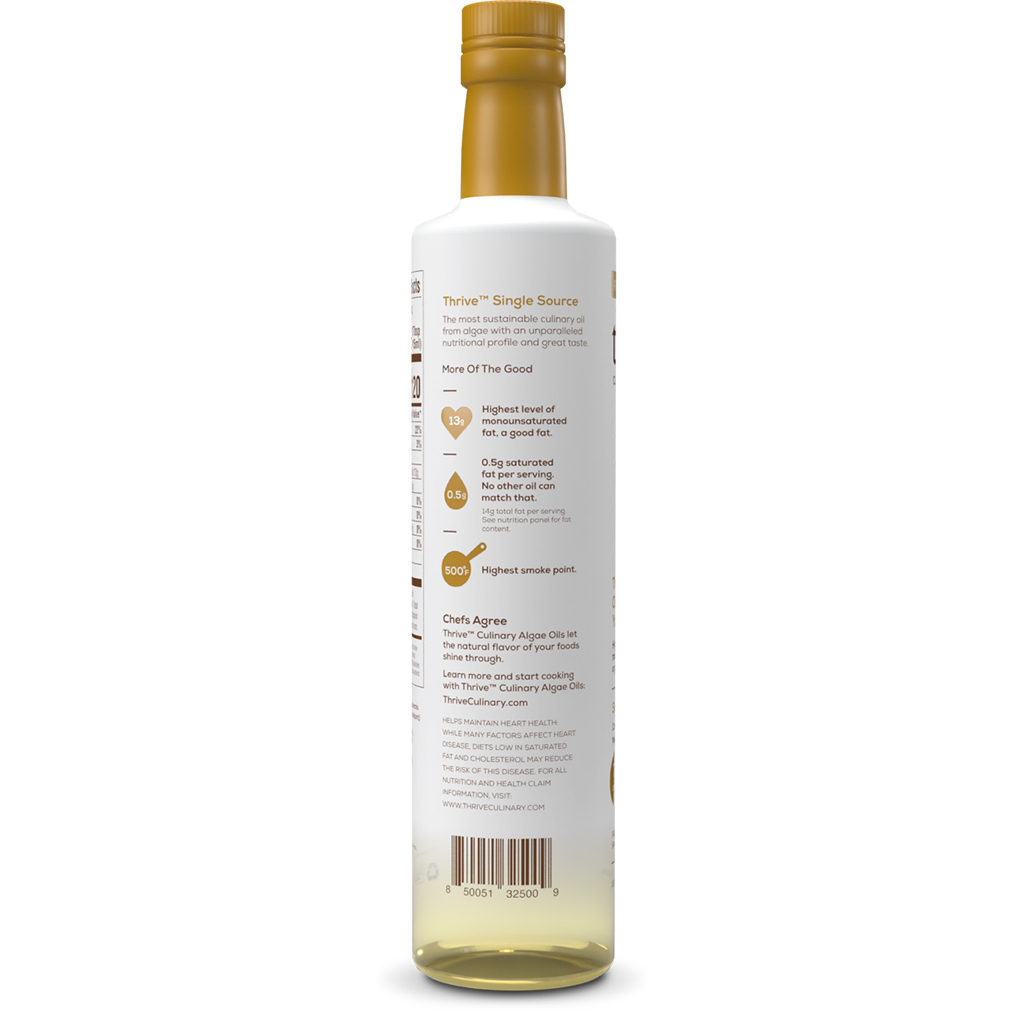Left side of a bottle of Thrive™ Reserve Algae Oil. Single Source. The most sustainable oil from algae with unprecedented nutritional profile and great taste.