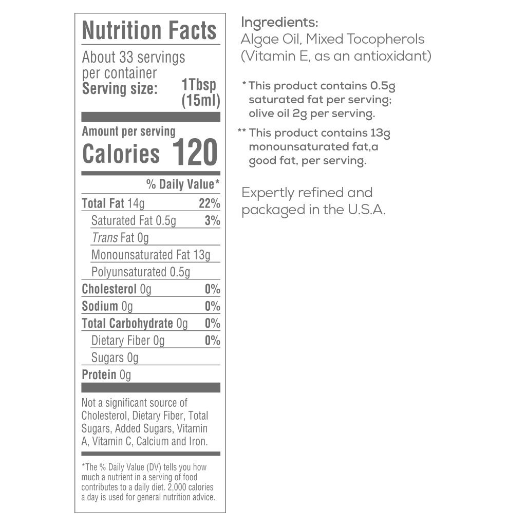 Nutrition Facts panel. About 33 servings. Per serving: 120 calories. 14g Total Fat. 0.5g Saturated Fat. 13g Monounsaturated Fat. 0.5g Polyunsaturated Fat. Ingredients: Algae Oil, Mixed Tocopherols (Vitamin E, as an antioxidant).