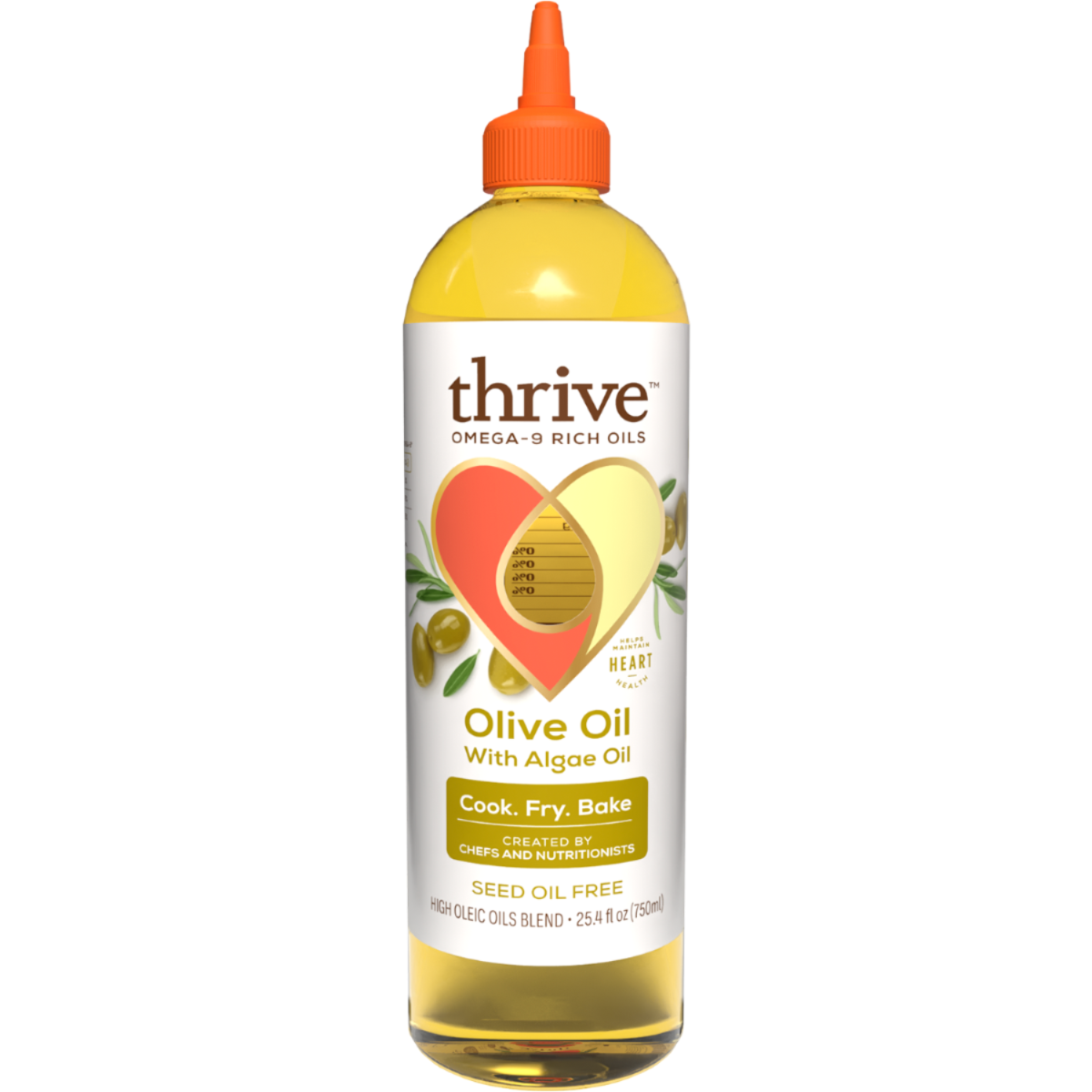Bottle of thrive olive oil with a white label on a white background