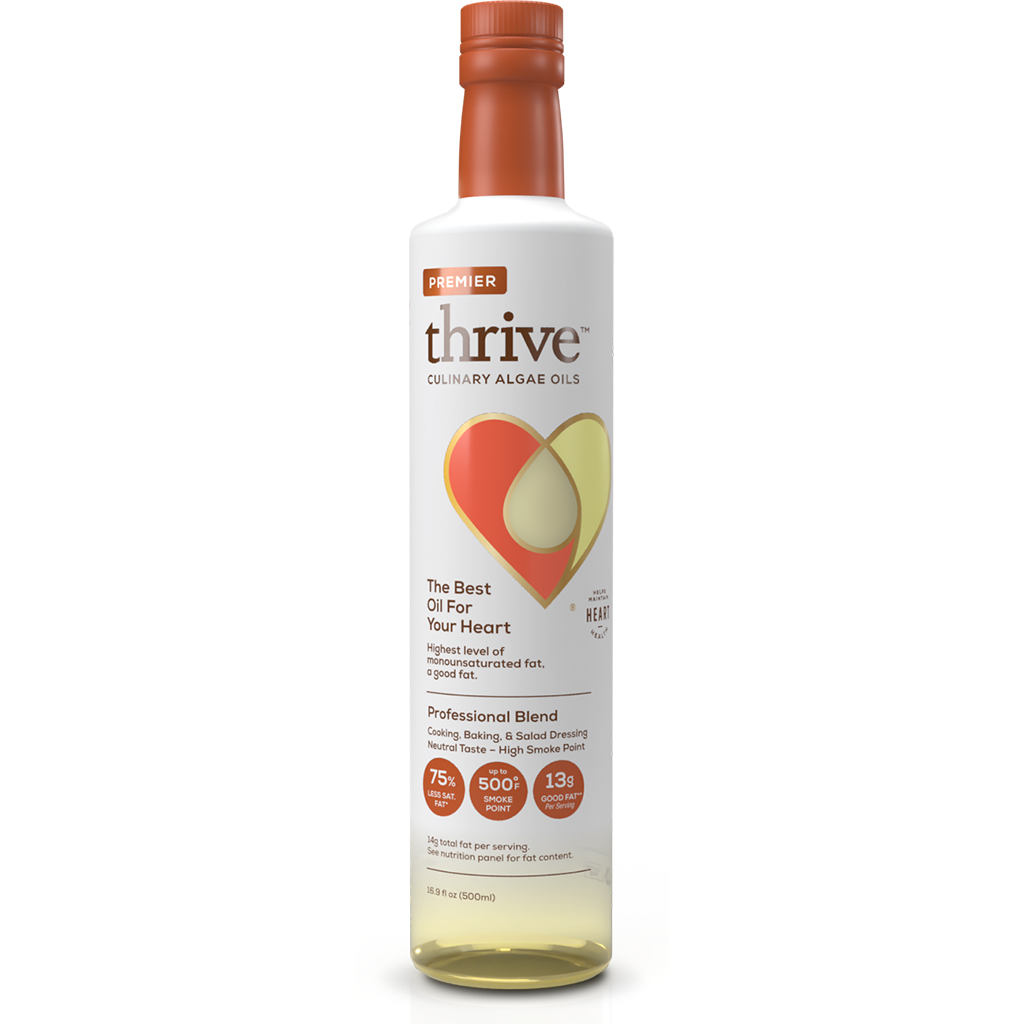 A bottle of Thrive™ Premier Culinary Blend with Algae Oil. The Best Oil For Your Heart.